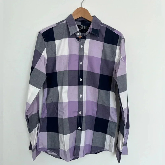 Le 31 plaid men’s button down shirt  purple and white size medium - Picture 2 of 7